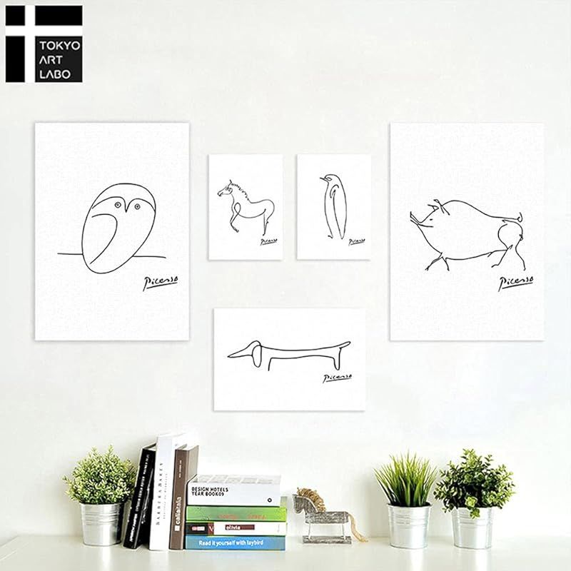  CREA アートパネル ピカソ 5枚セット 壁掛け インテリア フクロウ 絵画 モダン デザイン すっきり シンプル おしゃれ かわいい ホワイト 玄関 リビング 動物 幸運 幸せ 平和 ハト 馬 犬 ペンギン ミニ棚 置物 インテリア小物