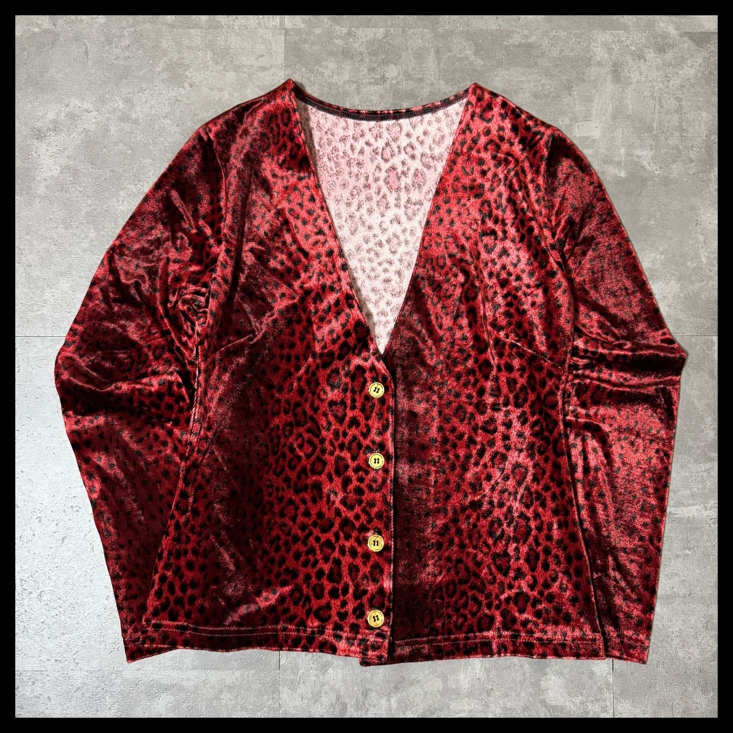 ヒョウ柄 レオパード ベロア調 Vネック カーディガン 赤 ブラック 古着