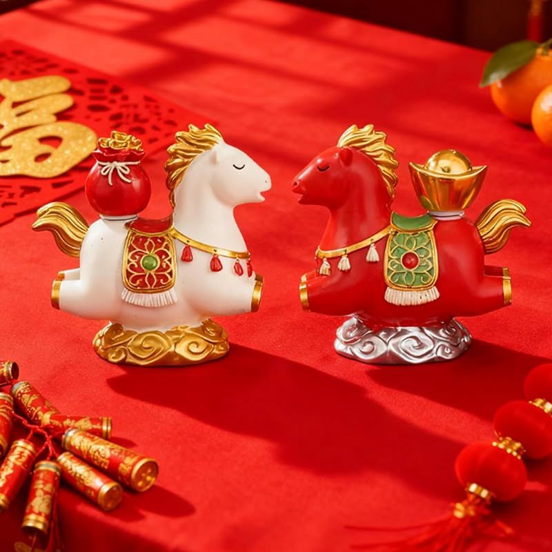 新品】 koundeneko 2026年 干支 置物 紅白の馬 2点セット 中国 春節 旧