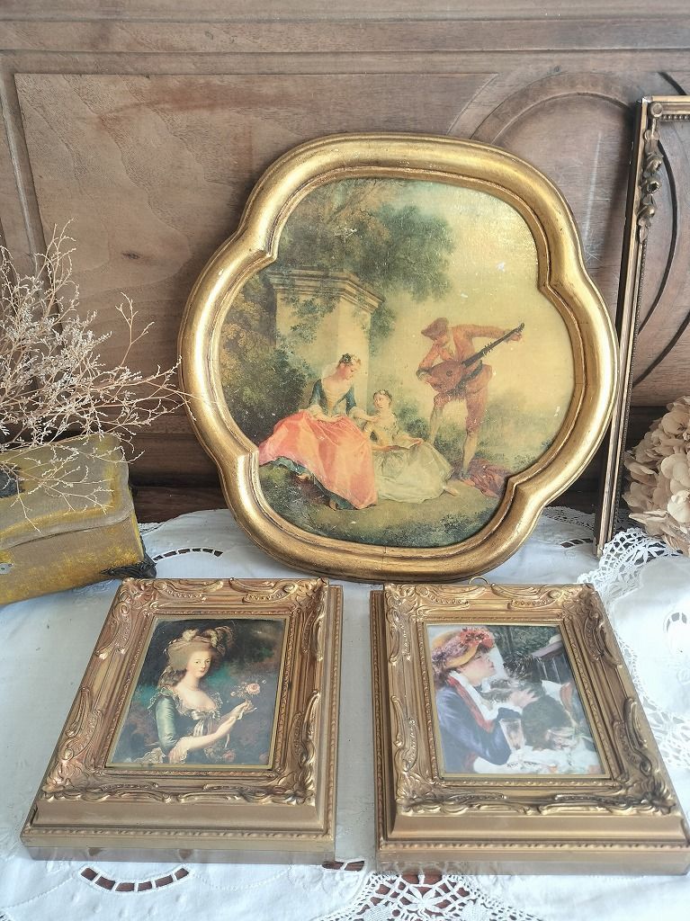 フランスアンティーク　絵画 額装品 フランス アンティーク 絵付き 壁掛け 額 3点セット フレーム - メルカリ