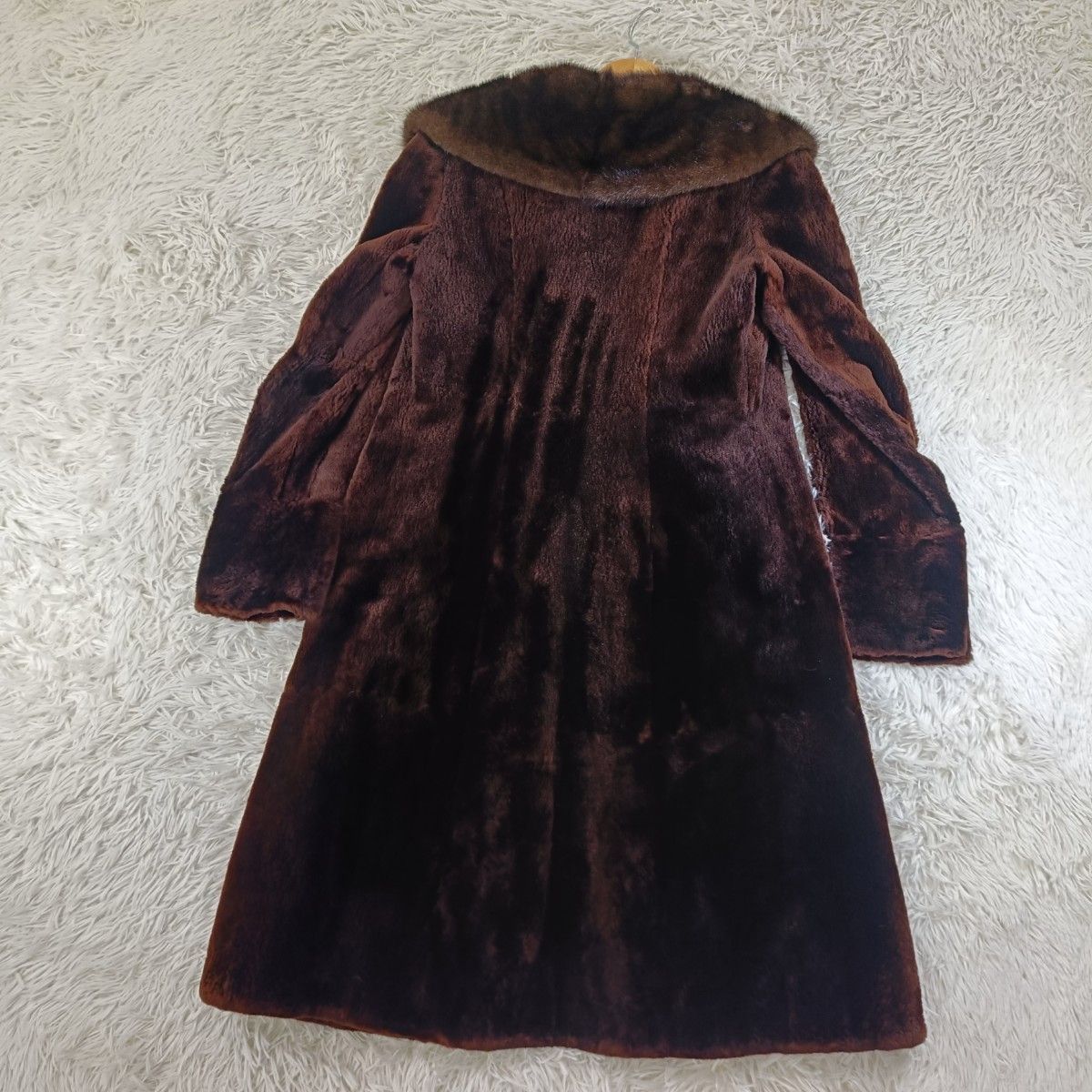 ミンクコート　シェアードミンク　毛皮　リアルファー　ロング丈　レッド系 着丈102cm シェアードミンク 襟ミンクファー ファーコート ミンク