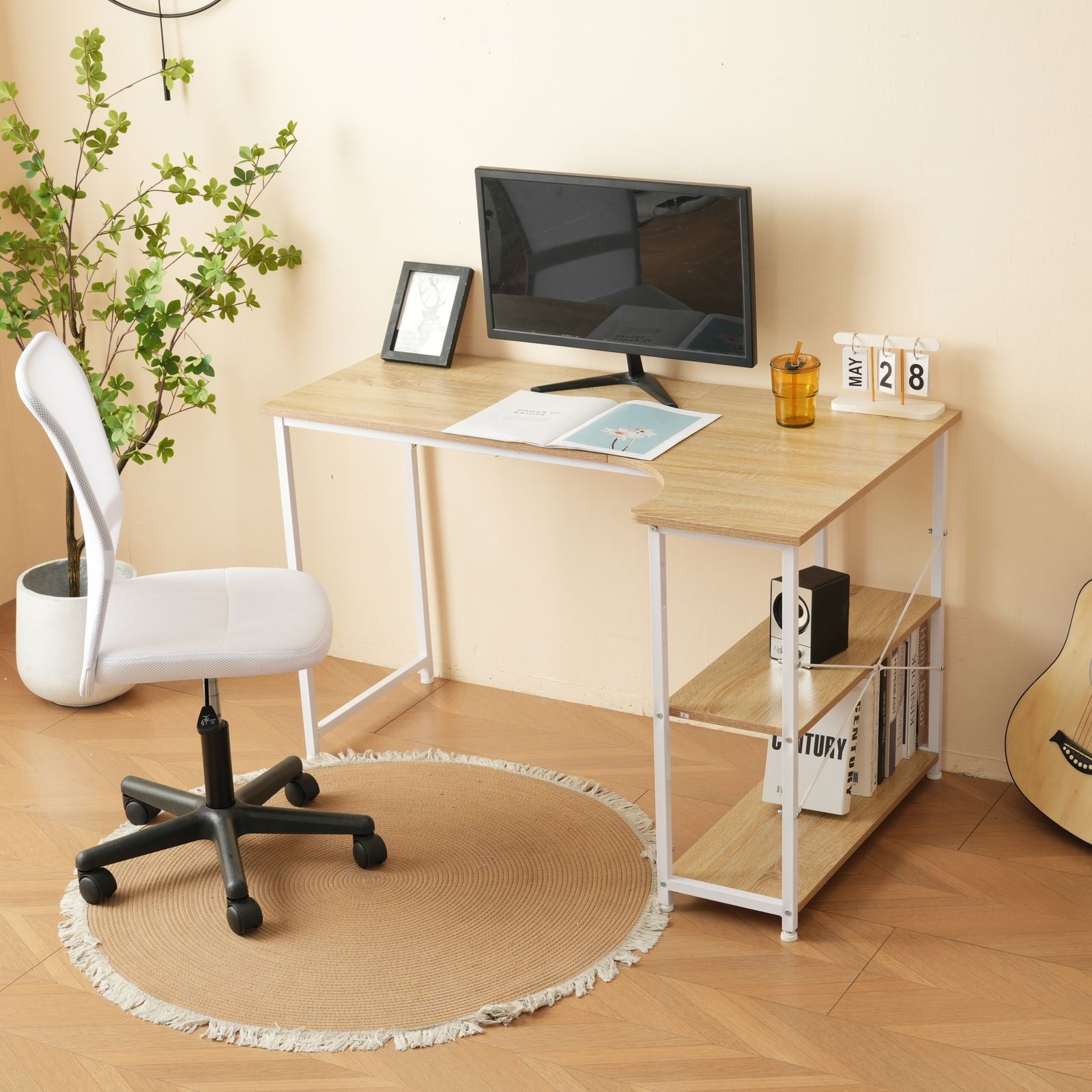 パソコンデスク L字-右棚 120cm 2段ラック付 デスク木製 ミシン台 書斎