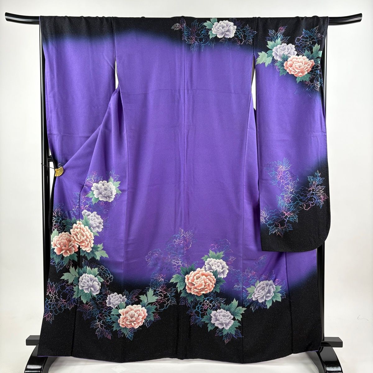 振袖 身丈165.5cm 裄丈69cm L 袷 牡丹 銀通し 金銀彩 紫 正絹 名品