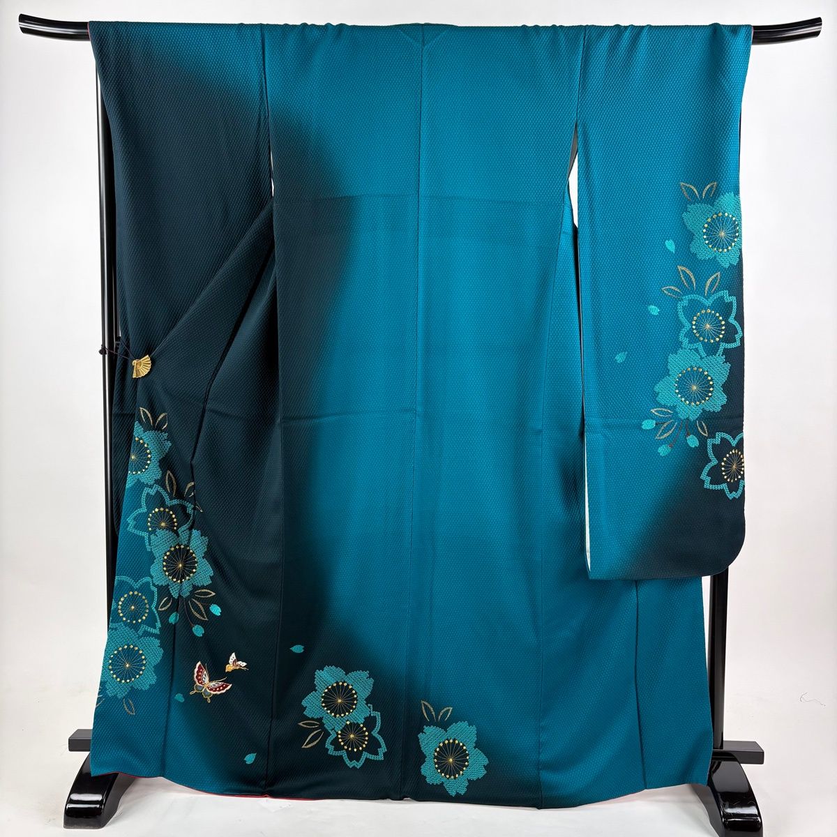 美品】 振袖 身丈169cm 裄丈70cm L 袷 桜 蝶 金糸 刺繍 深緑 正絹 名品