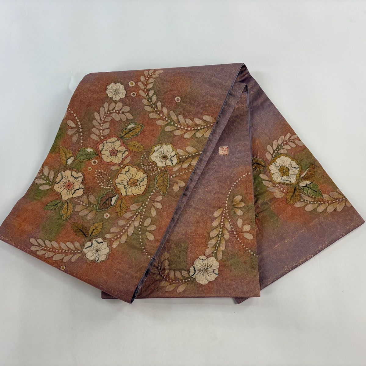 美品】 袋帯 名品 落款 辻が花 金糸 箔 赤紫 お太鼓柄 正絹 【中古