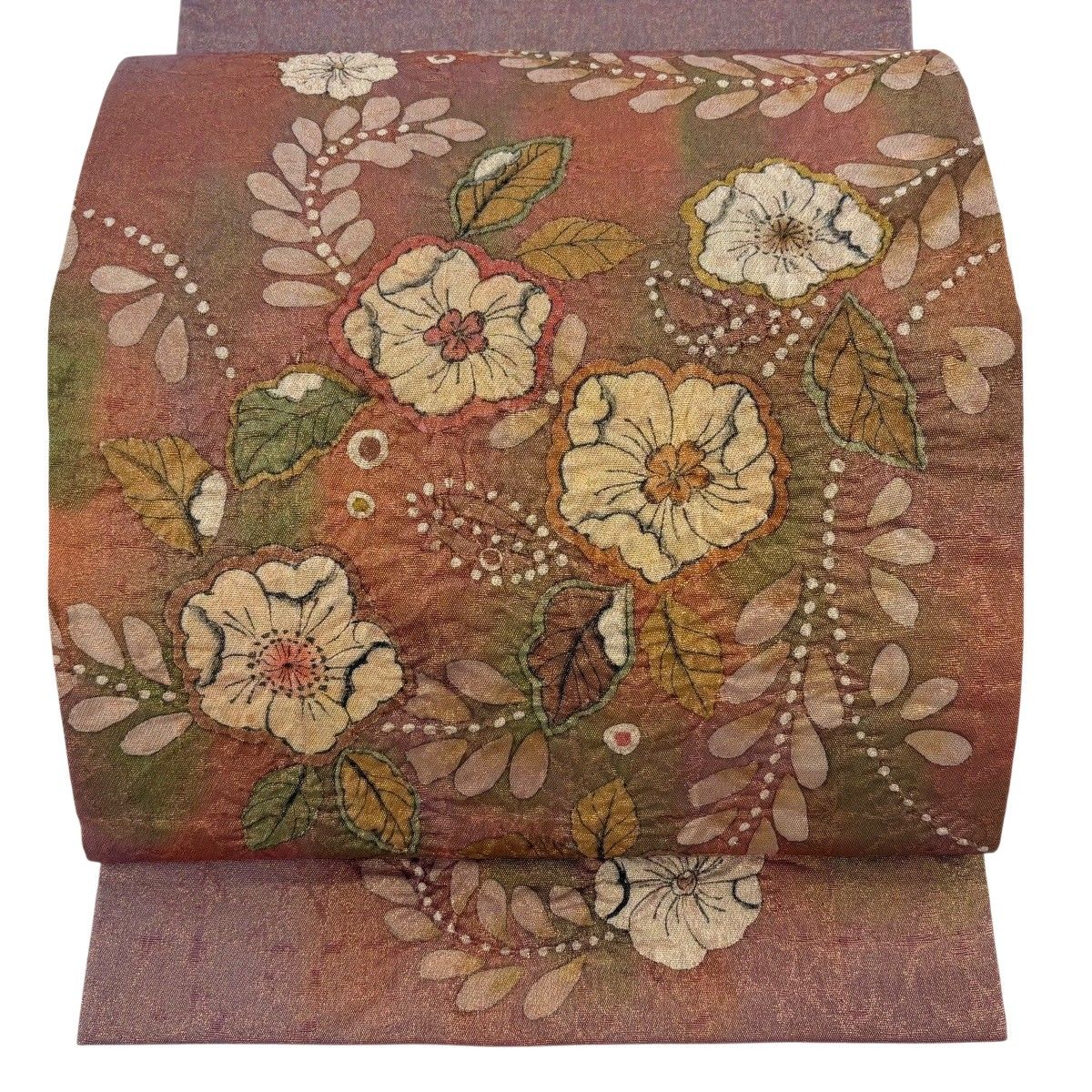 美品】 袋帯 名品 落款 辻が花 金糸 箔 赤紫 お太鼓柄 正絹 【中古