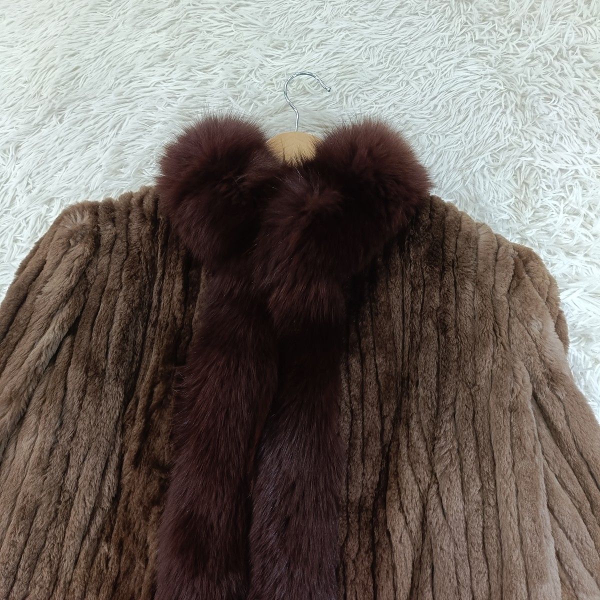 リアル ファー ミドルコート 毛皮コート ダークブラウン ファーコート シェアードミンクコート フォックス襟 リアルファー 貂