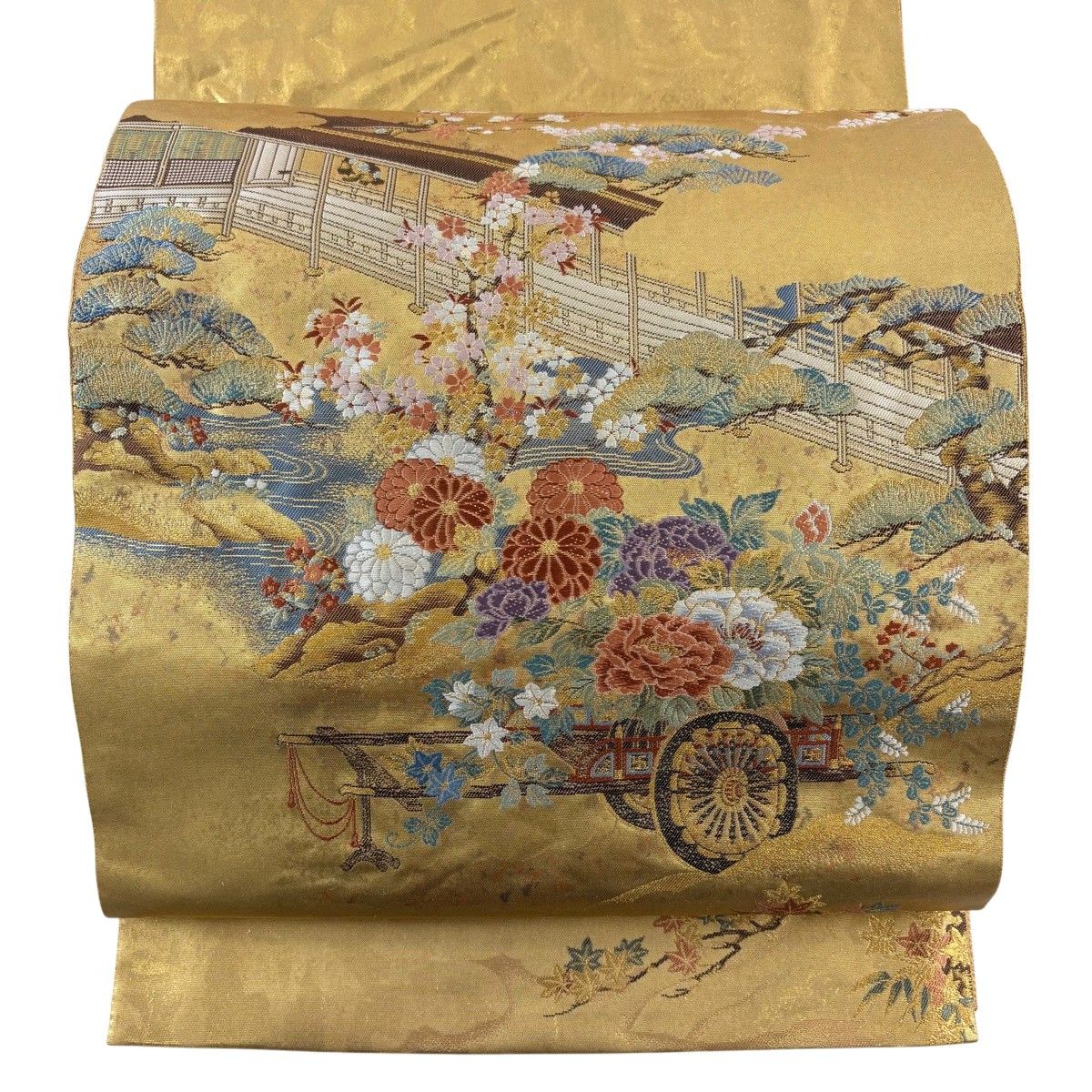 袋帯 名品 長嶋成織物 落款 瀞金錦 宮中花草文 本金箔 金糸 金色 六通