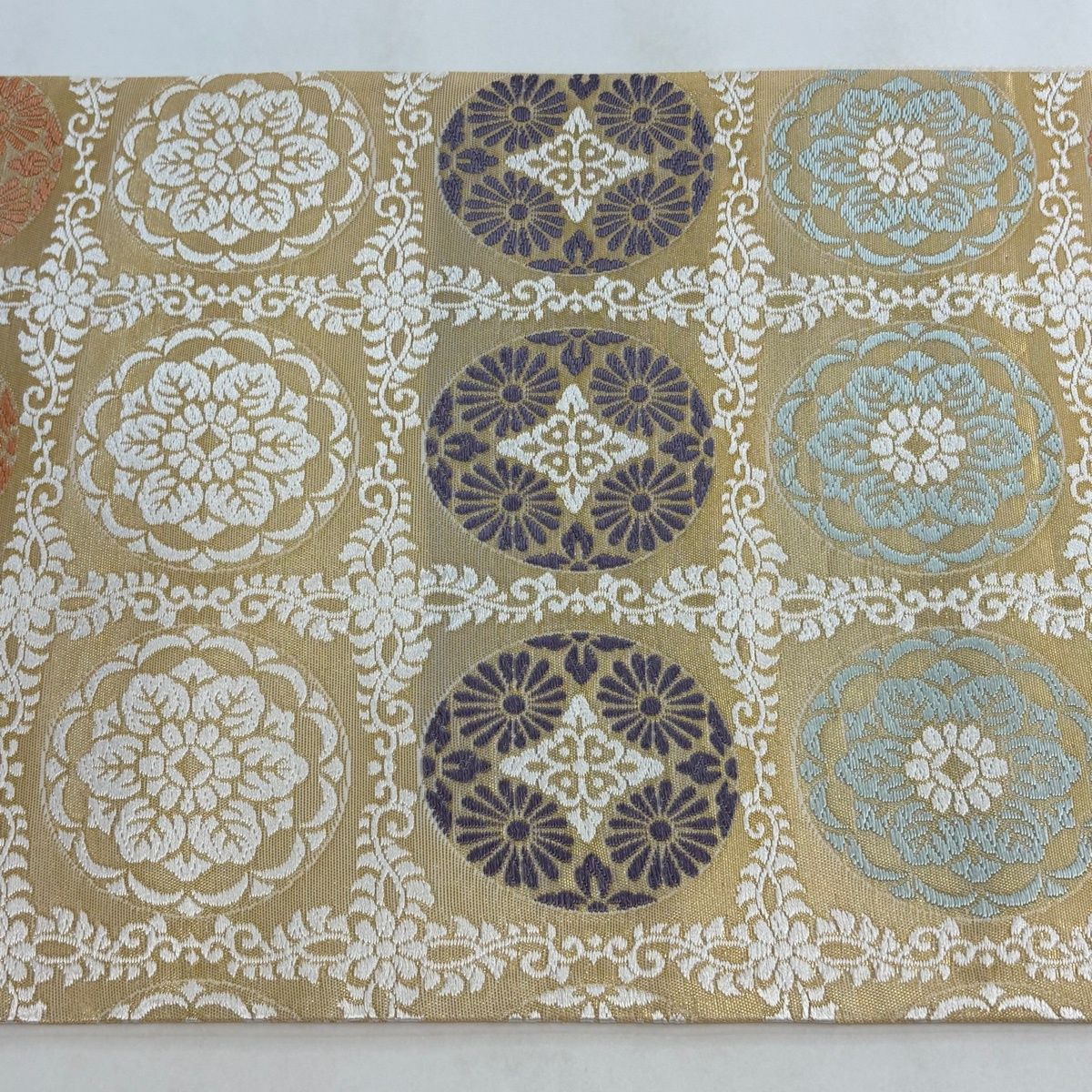 美品】 袋帯 名品 貝紫 小石丸 浮線綾文 華文 箔 唐織 金色 六通 正絹