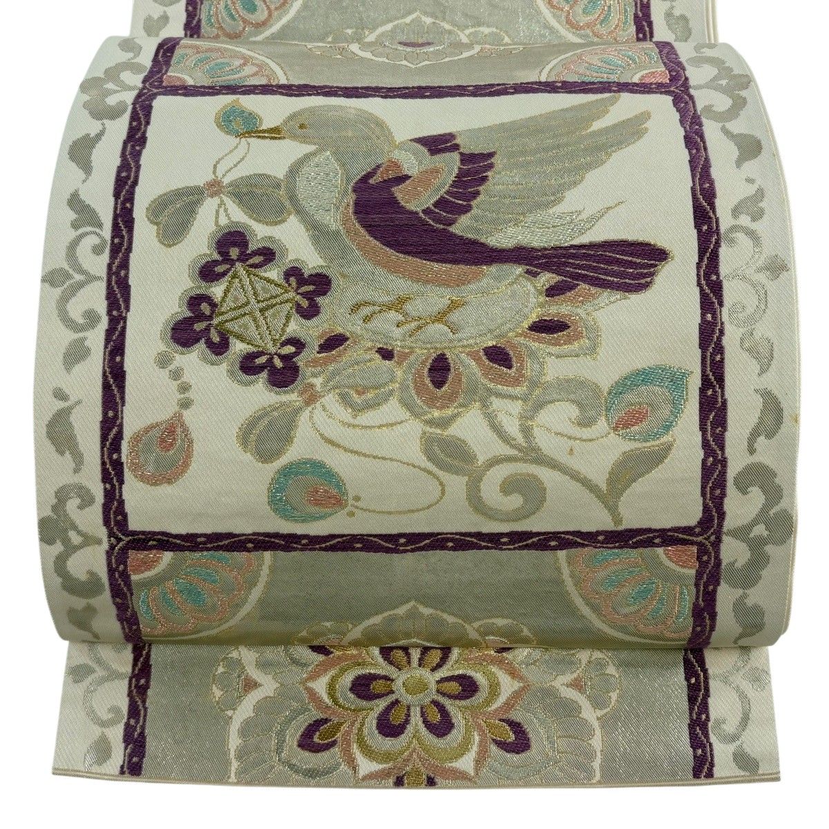 袋帯 名品 帝王紫 落款 吉祥上代華鳥文 花喰い鳥 華文 金銀糸 箔