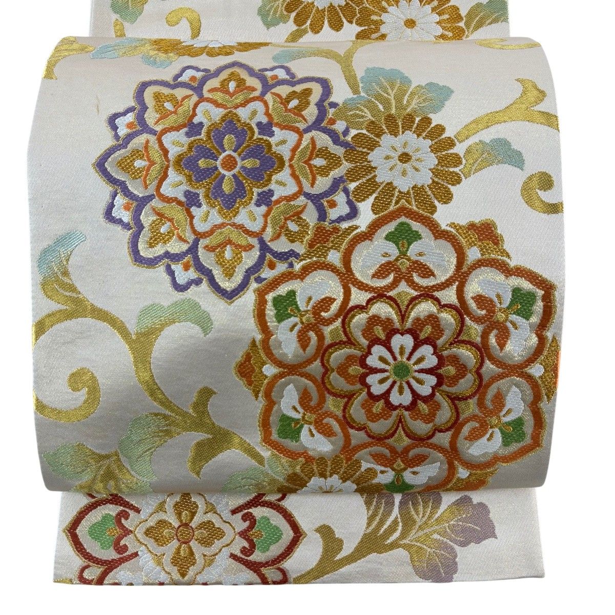 袋帯 名品 じゅらく 落款 華文 花唐草 金糸 唐織 ベージュ 六通 正絹