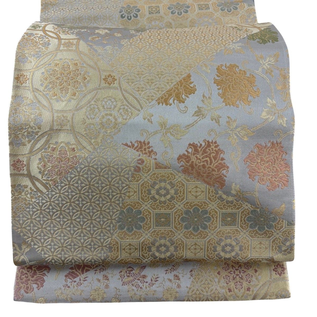 美品】 袋帯 名品 箔屋清兵衛 落款 西陣織 欧亜吉祥文 箔 ベージュ 六