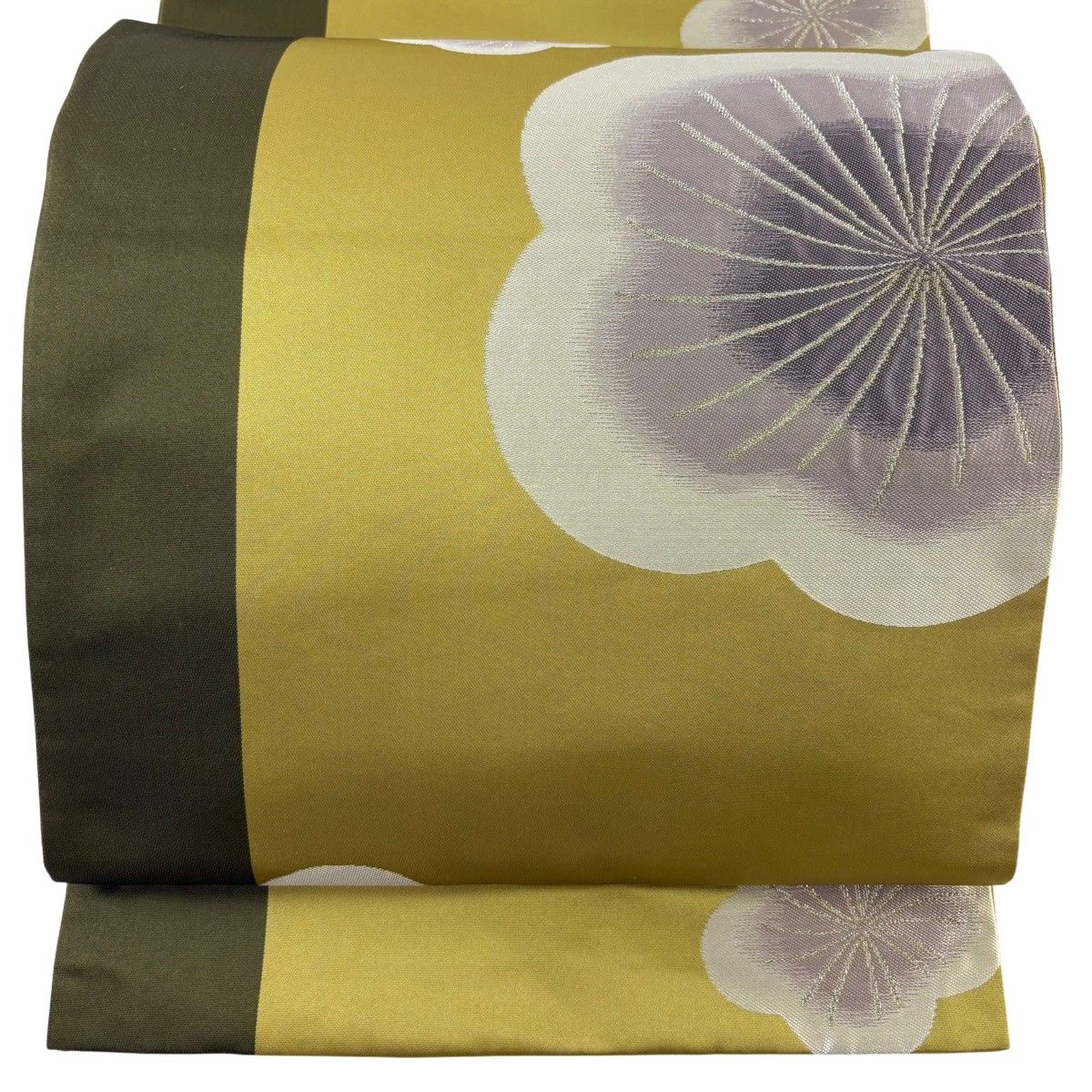 袋帯 名品 辻村ジュサブロー 落款 梅 金糸 鶯色 六通 正絹 【中古