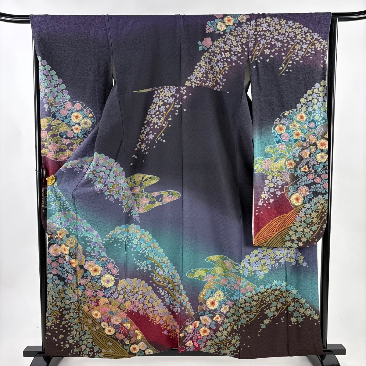 振袖 身丈161cm 裄丈66cm M 袷 草花 雪輪 金彩 絞り 灰紫 正絹 逸品