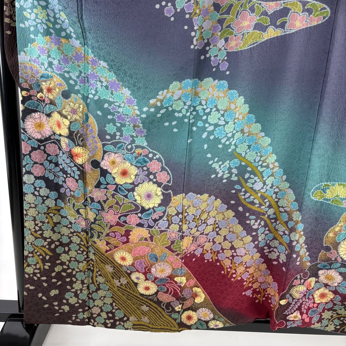 振袖 身丈161cm 裄丈66cm M 袷 草花 雪輪 金彩 絞り 灰紫 正絹 逸品