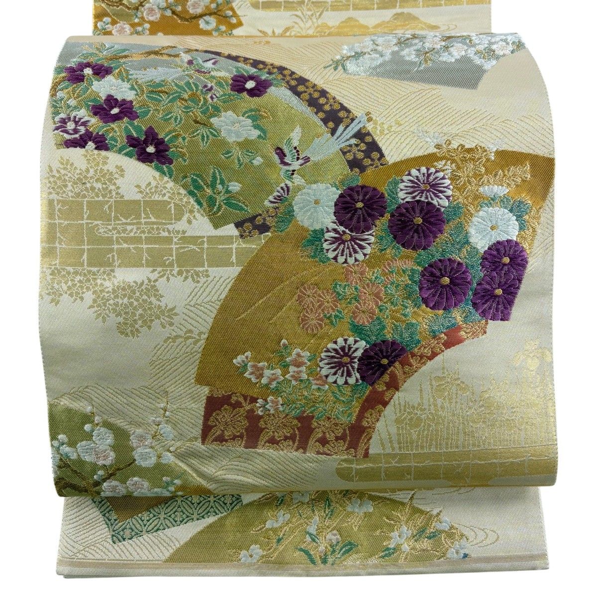 美品】 袋帯 逸品 じゅらく 落款 証紙 帝王紫 扇面 花鳥 金糸 箔