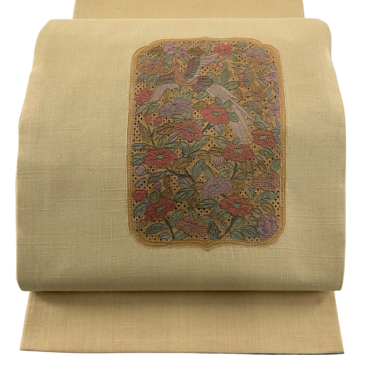 美品】 袋帯 秀品 紬地 花鳥 刺繍 金彩 薄黄 お太鼓柄 正絹 【中古