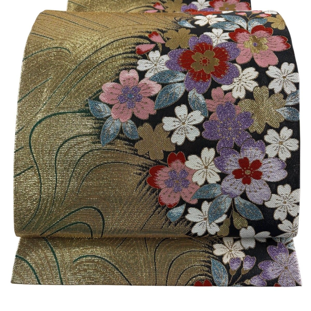 美品】 袋帯 秀品 振袖向き 桜 幾何学 金糸 箔 金色 六通 正絹 【中古
