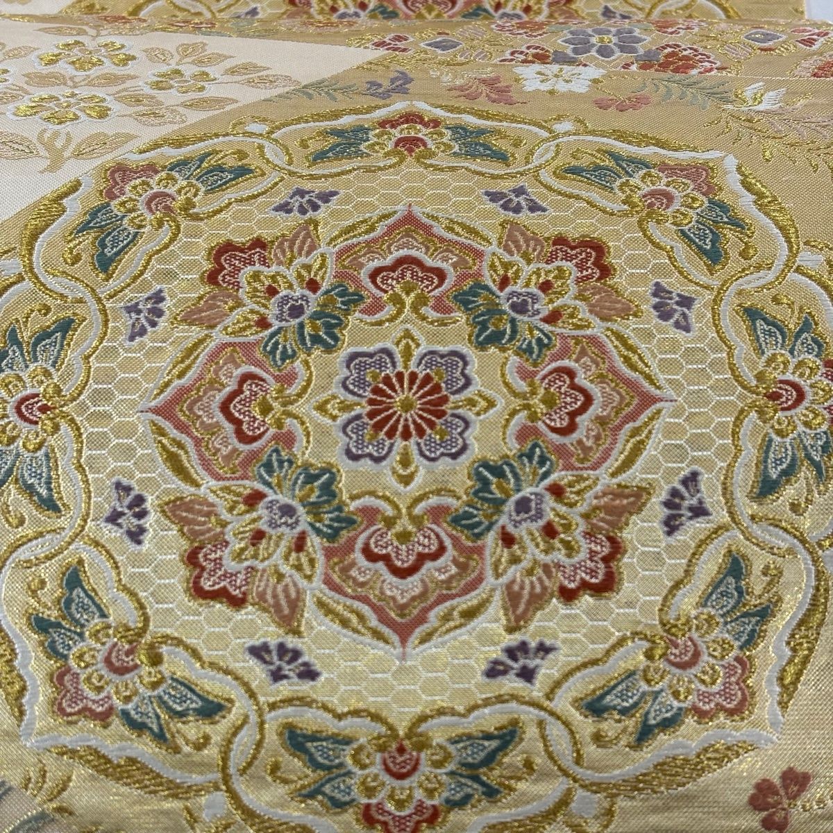 SO-406 袋帯 六通 正絹 銀箔 銀糸 金糸 孔雀 豪華 袋帯 秀品 関西仕立て 華文 孔雀 金糸 箔 金色 六通 正絹 【中古