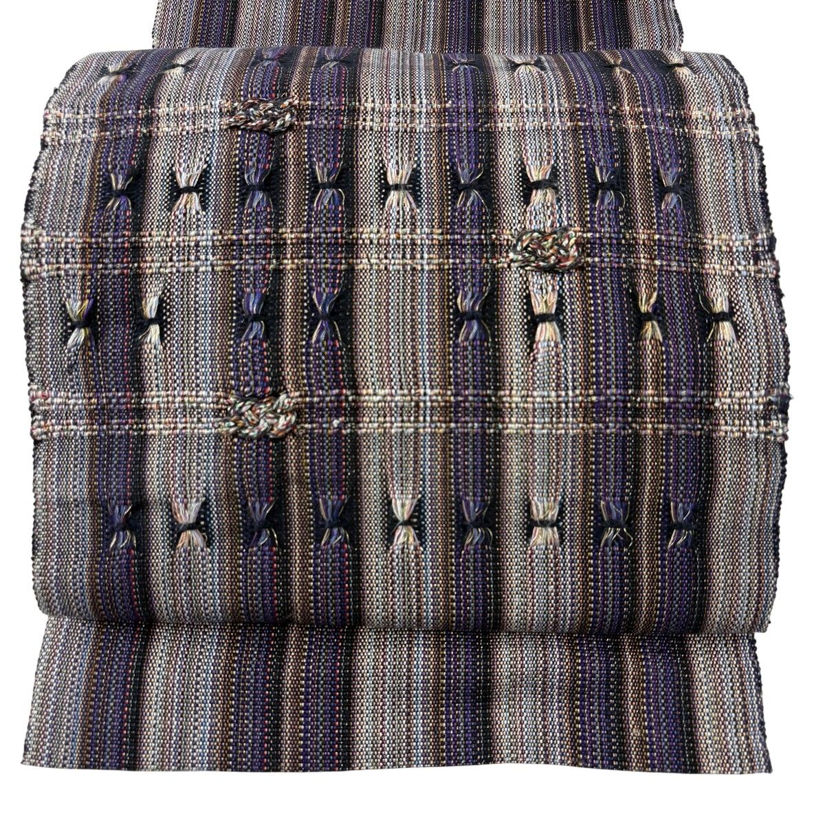 名古屋帯 秀品 八寸名古屋帯 松葉仕立て 縞 幾何学模様 金糸 紫 正絹