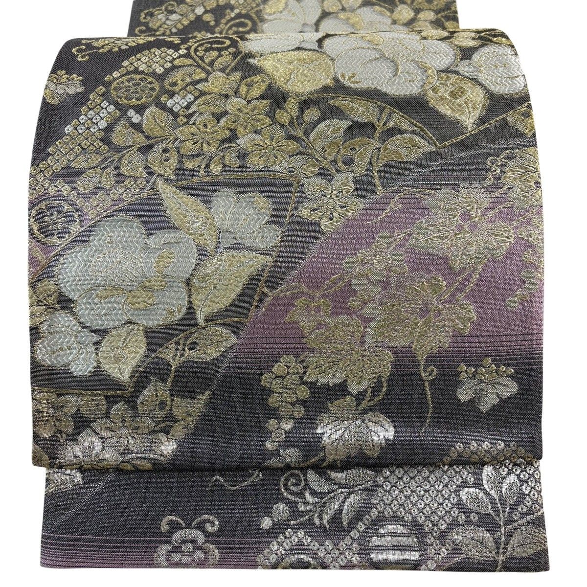 美品】 袋帯 秀品 証紙 扇面 草花 金糸 灰紫 六通 正絹 【中古