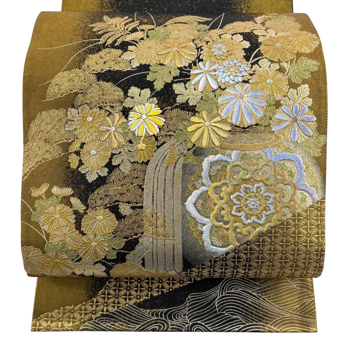 美品】 袋帯 秀品 華文 菊 金銀彩 箔 金色 お太鼓柄 正絹 【中古