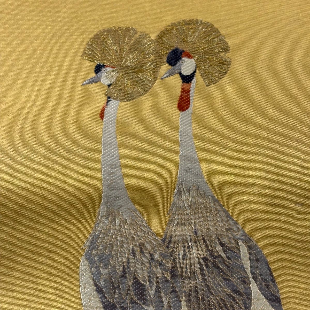 袋帯 秀品 落款 関西仕立て 冠鶴 金糸 箔 金色 お太鼓柄 正絹 【中古