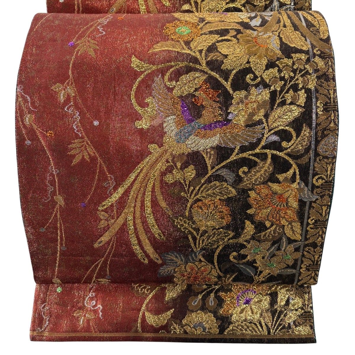 袋帯 秀品 花唐草 鳳凰 金糸 箔 赤 六通 正絹 【中古】 - メルカリ