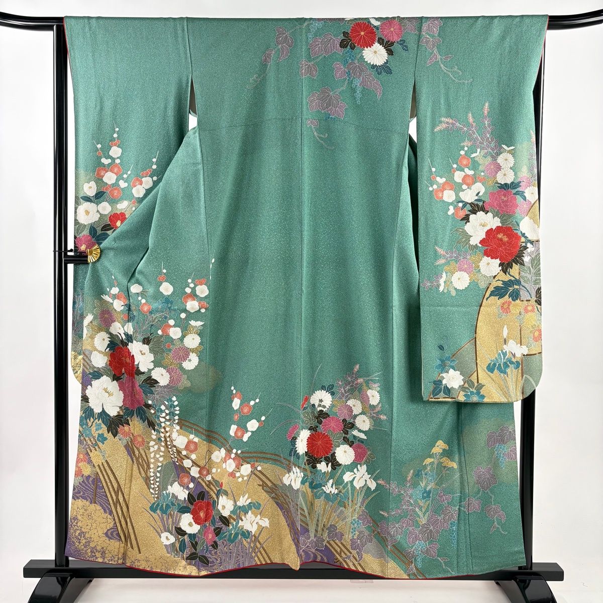 振袖 身丈157cm 裄丈65.5cm M 袷 牡丹 橋 金糸 灰緑 正絹 秀品 【中古