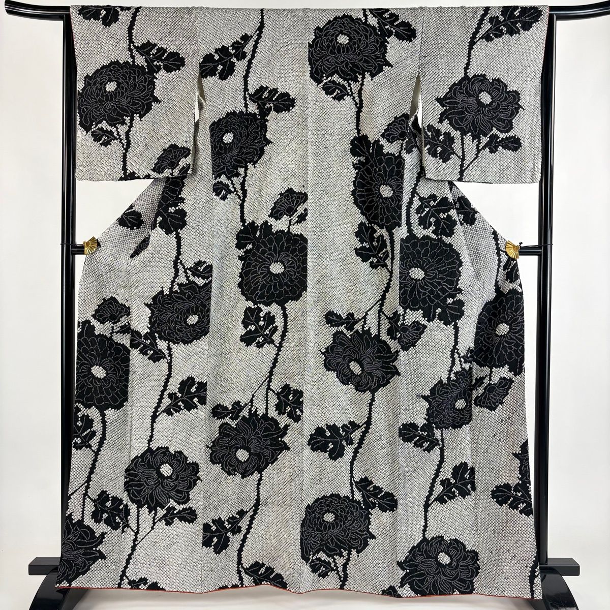 小紋 身丈164cm 裄丈65cm M 袷 菊 総絞り 黒灰 正絹 秀品 【中古