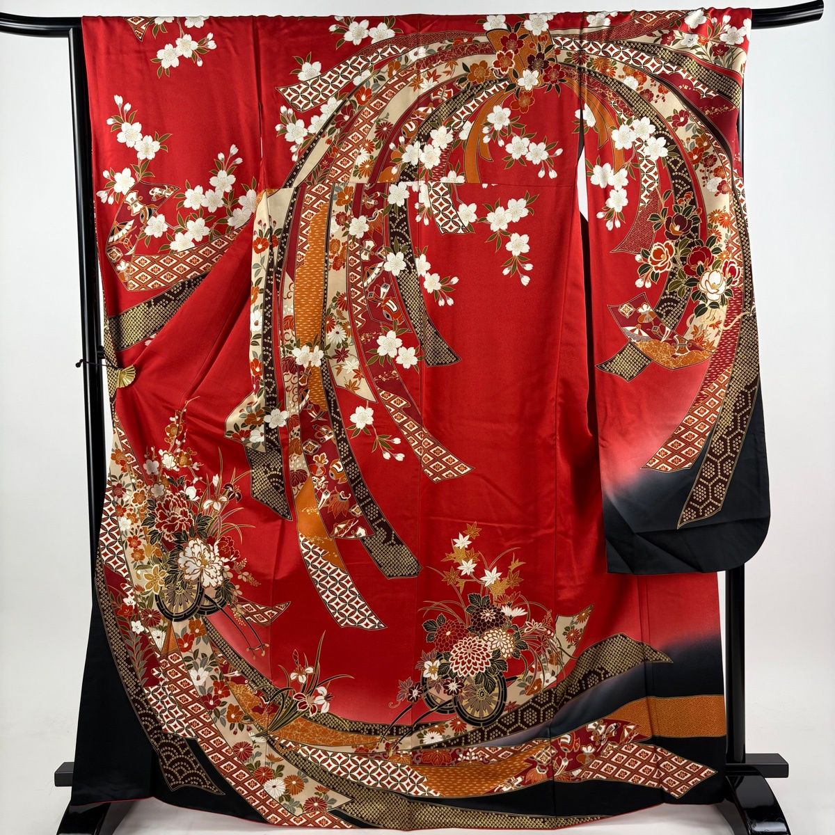 美品】 振袖 身丈168cm 裄丈67.5cm L 袷 花車 束ね熨斗 金彩 ぼかし 赤