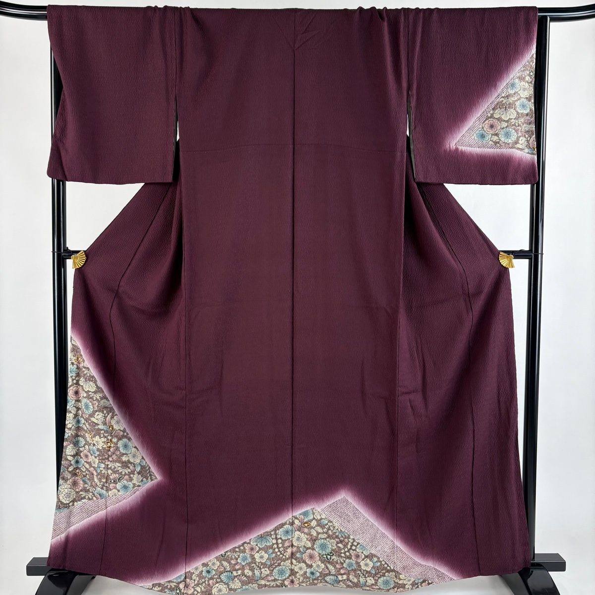 付下げ 身丈163cm 裄丈68.5cm L 袷 草花 ぼかし 茶紫 正絹 秀品 【中古