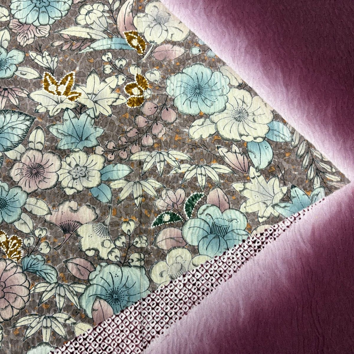 付下げ 身丈163cm 裄丈68.5cm L 袷 草花 ぼかし 茶紫 正絹 秀品 【中古