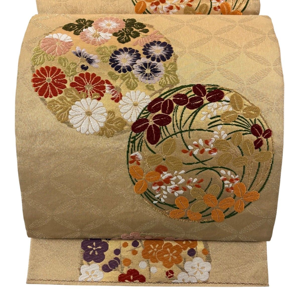 袋帯 唐織 【ダイヤモンド】 色鮮やかな花模様 菊 桜 金糸 小豆色 O