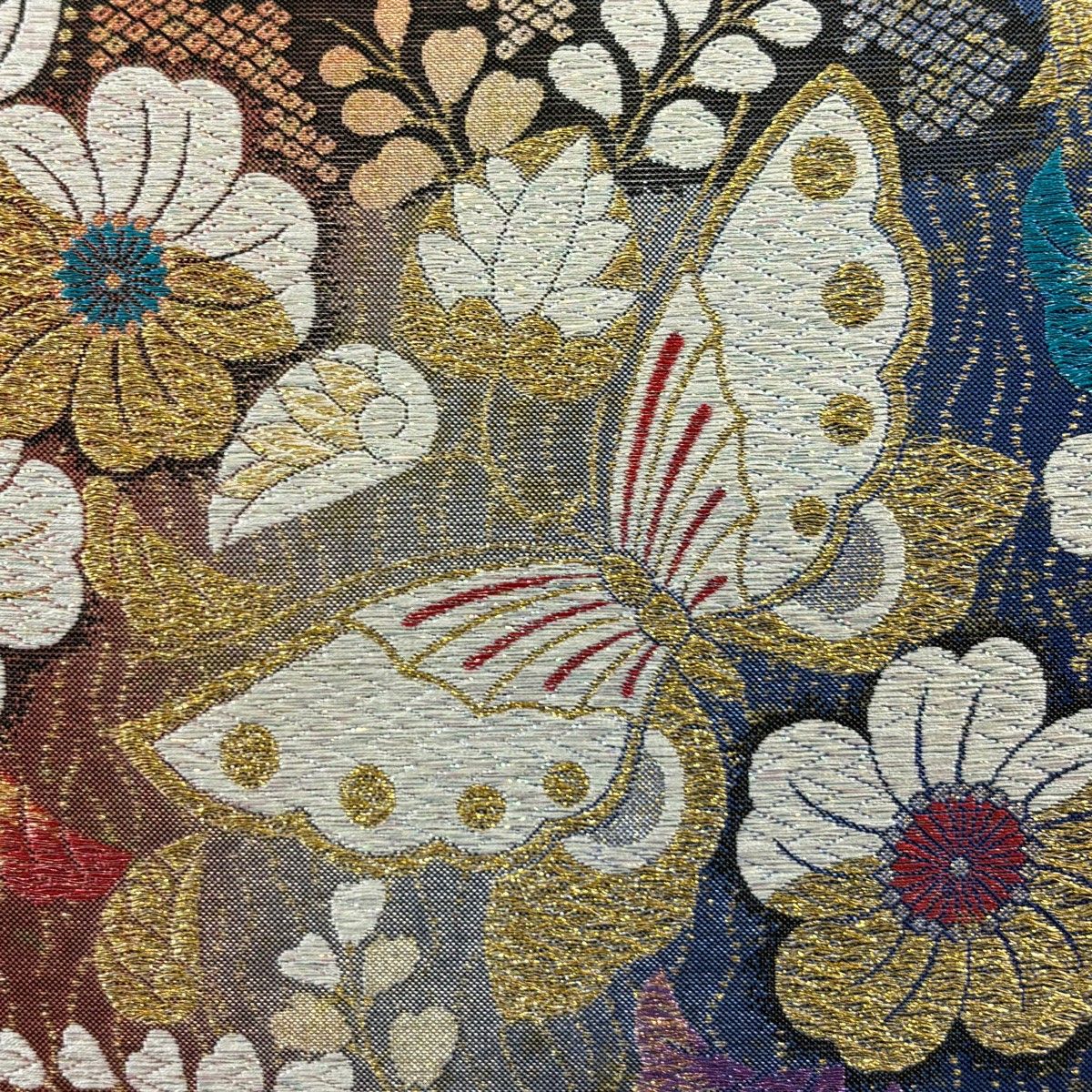 袋帯 秀品 振袖向き 桜 蝶 金糸 ラメ箔 茶色 六通 正絹 【中古 袋帯 秀品 振袖向き 桜 蝶 金糸 ラメ箔 茶色 六通 正絹 【中古