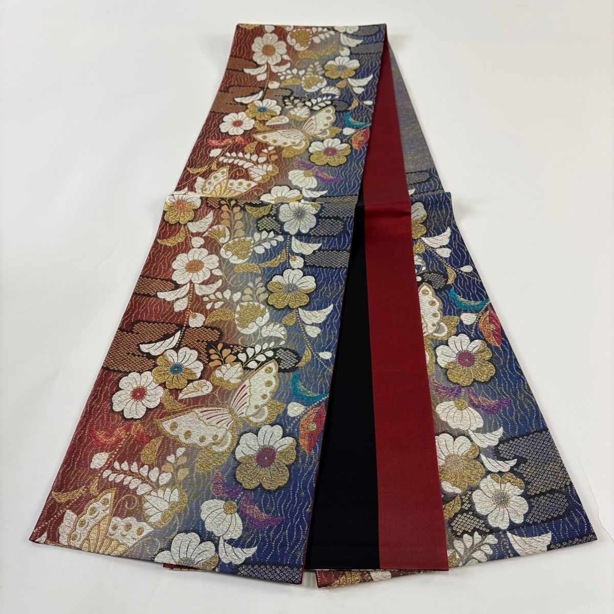 袋帯 秀品 振袖向き 桜 蝶 金糸 ラメ箔 茶色 六通 正絹 【中古 袋帯 秀品 振袖向き 桜 蝶 金糸 ラメ箔 茶色 六通 正絹 【中古
