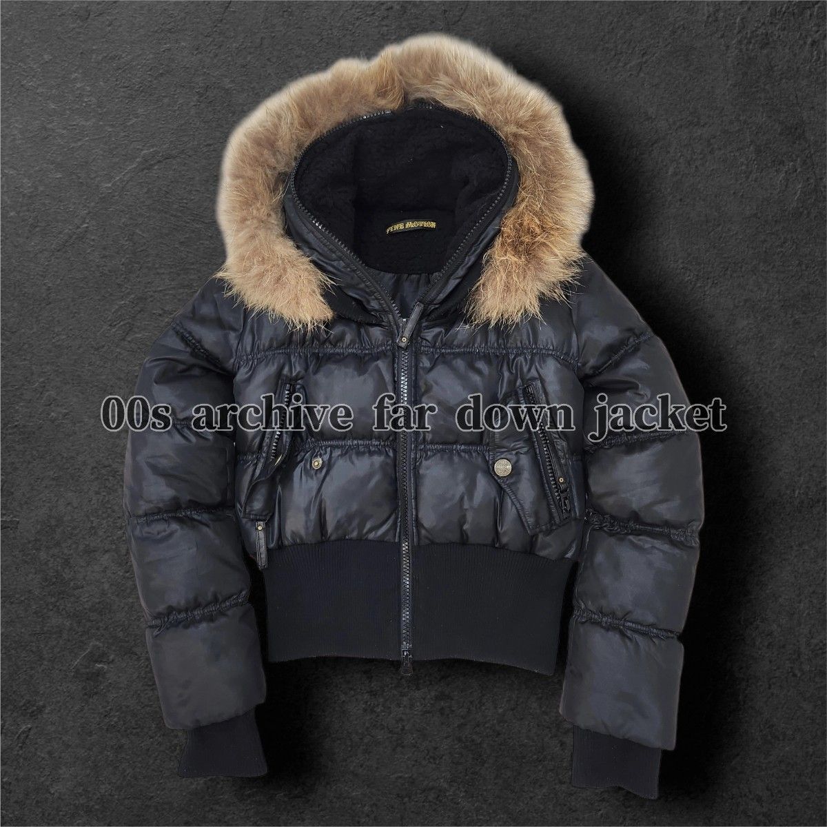 00s archive real fur short down jacket shiny black y2k grunge