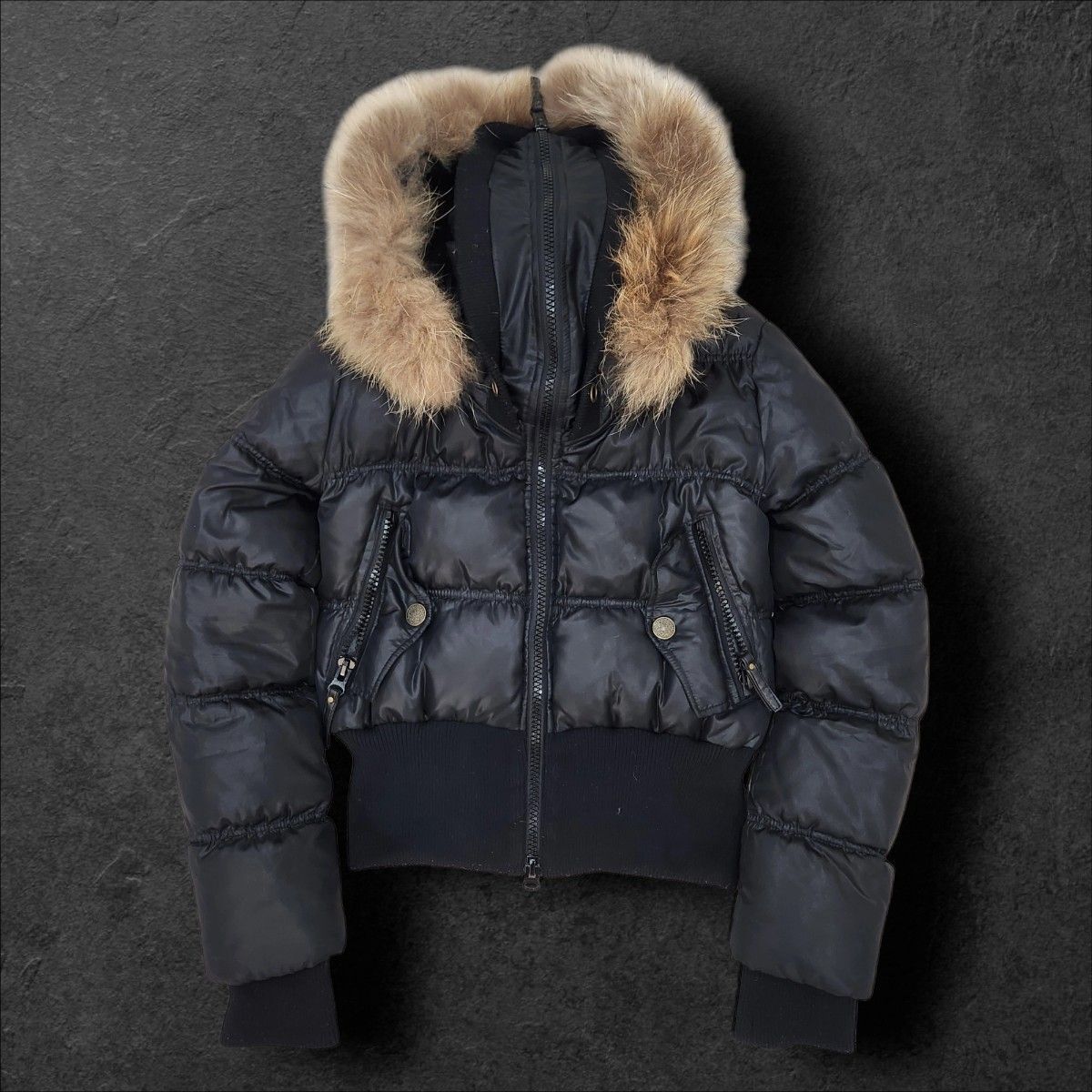 00s archive real fur short down jacket shiny black y2k grunge
