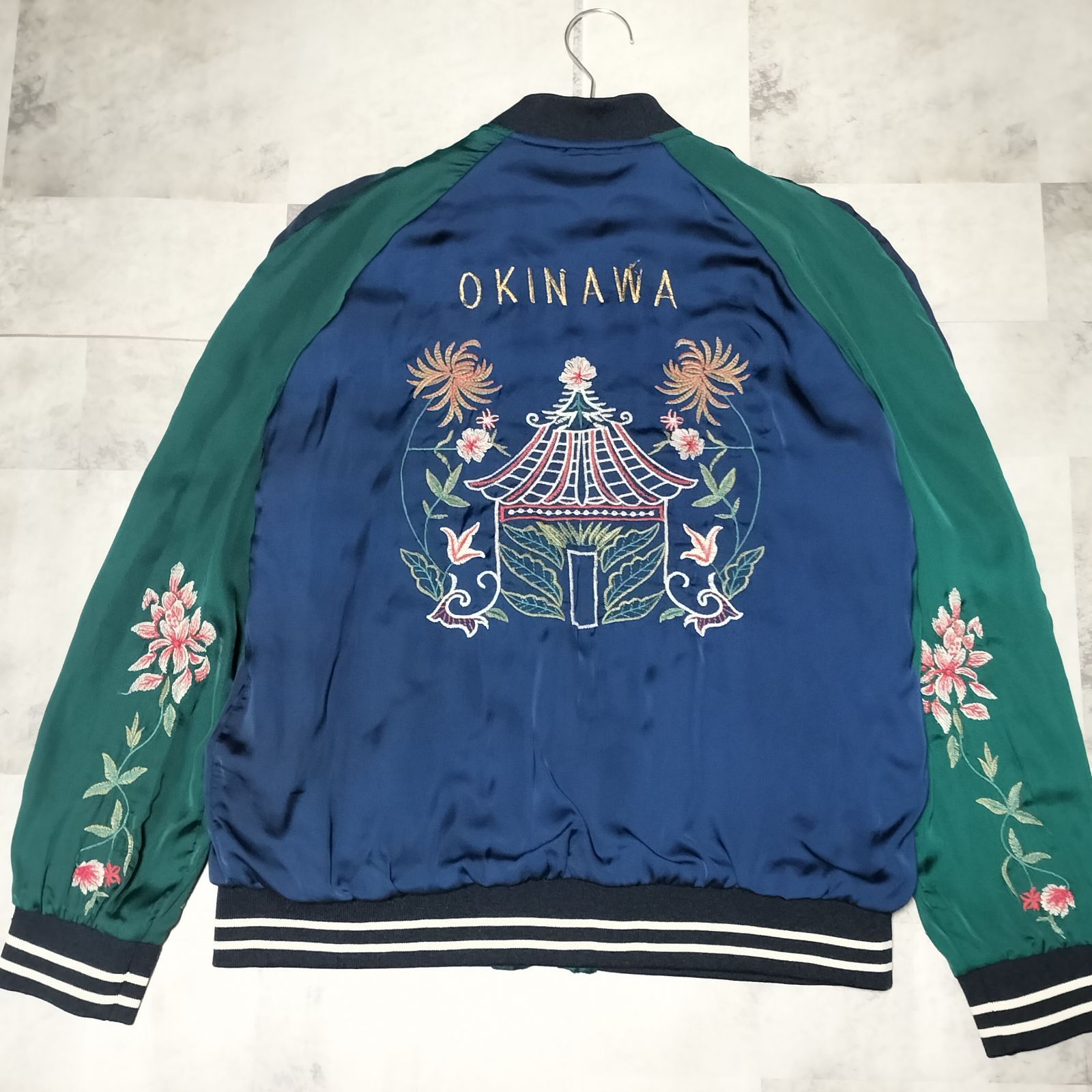 ZARA ザラ 沖縄 刺繍 花柄 リバーシブル スカジャン Мサイズ ネイビー 
