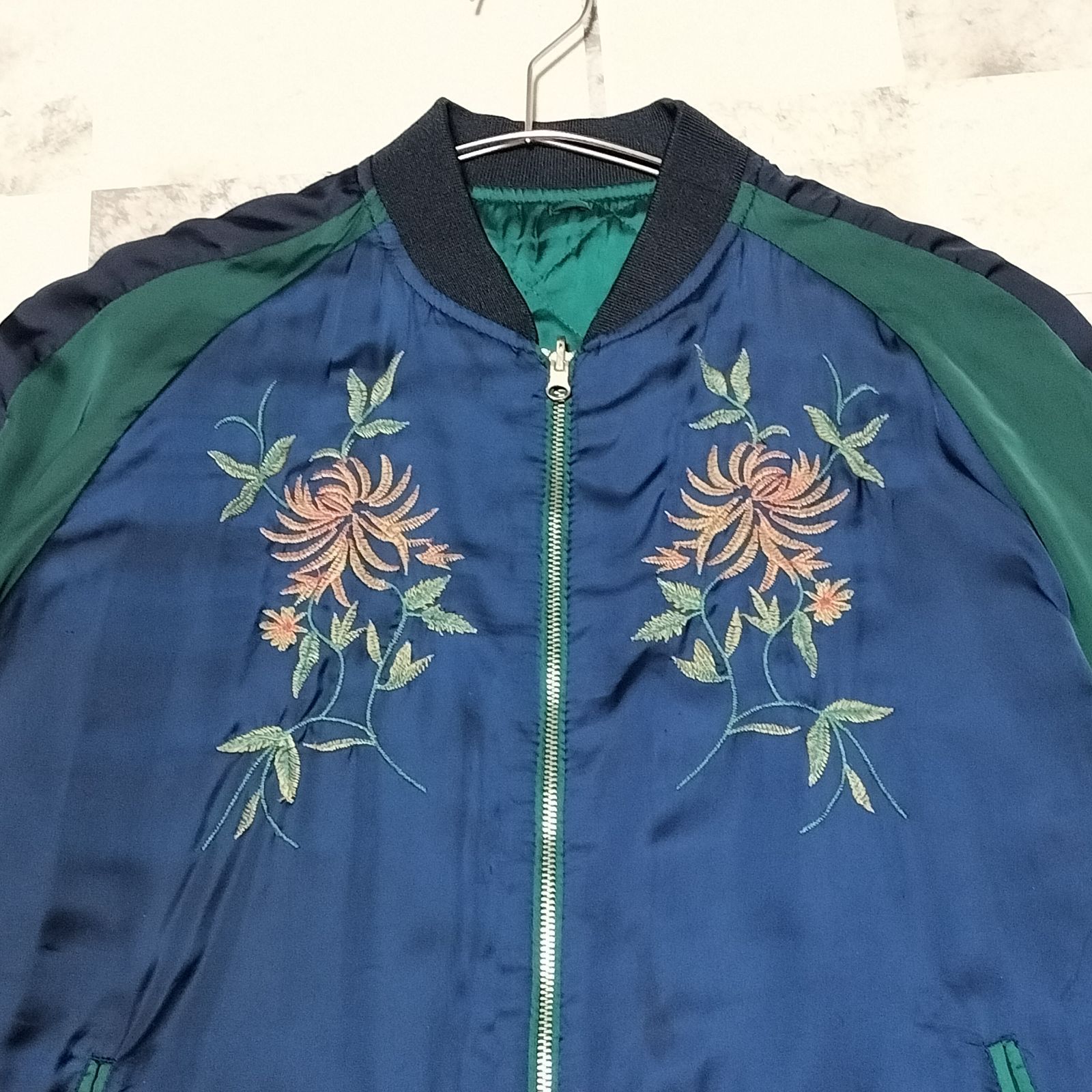 ZARA ザラ 沖縄 刺繍 花柄 リバーシブル スカジャン Мサイズ ネイビー 