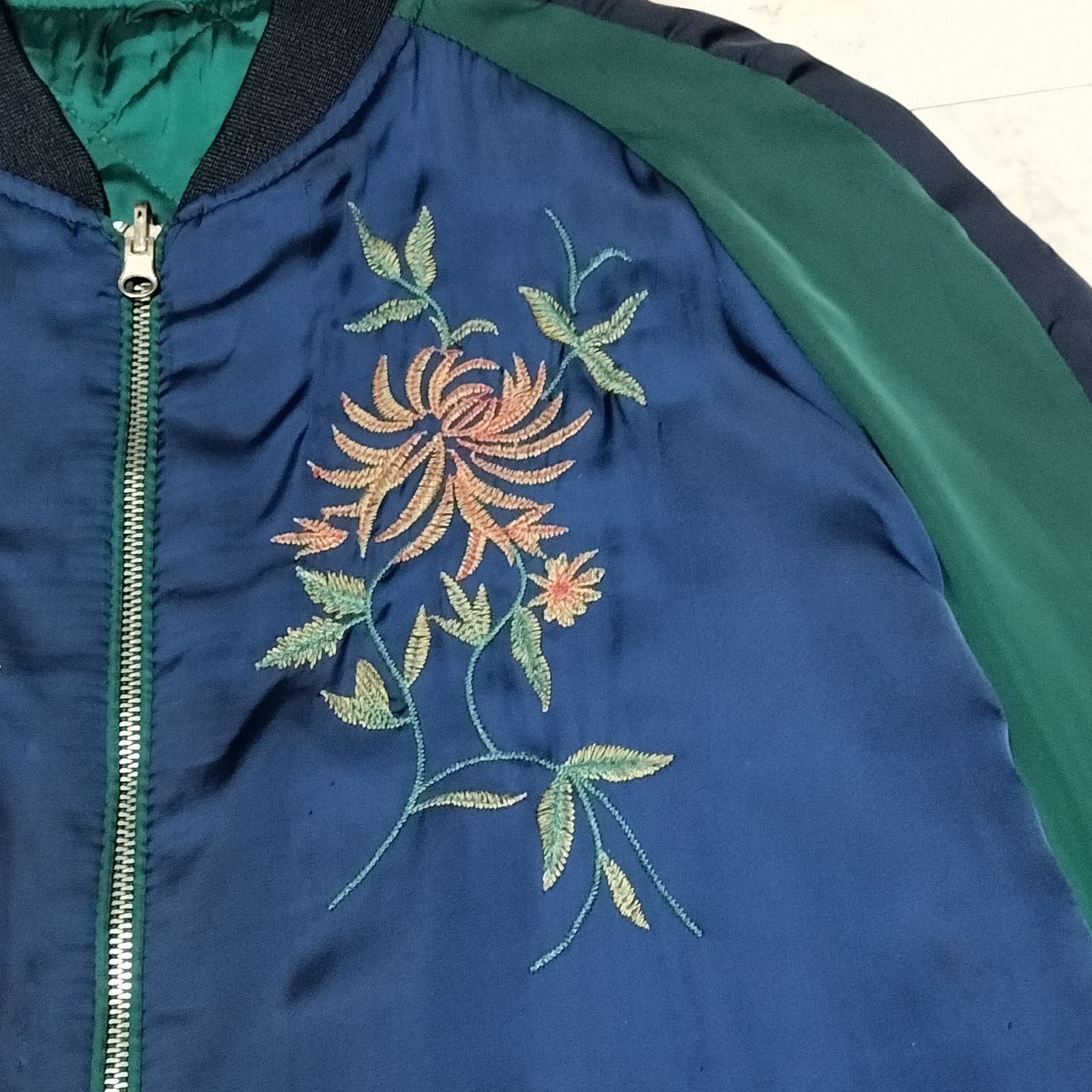 ZARA ザラ 沖縄 刺繍 花柄 リバーシブル スカジャン Мサイズ ネイビー 