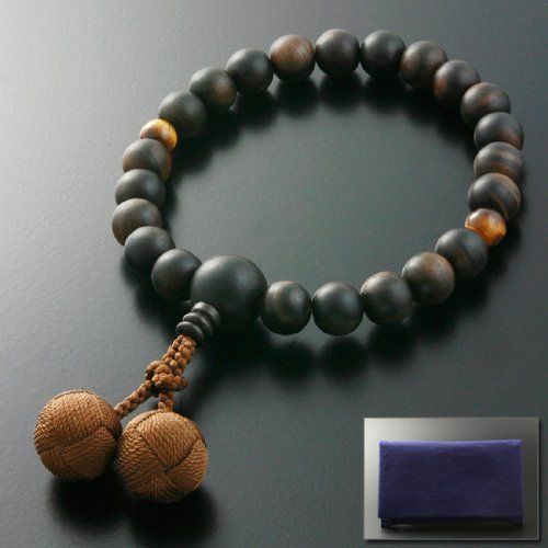 京仏壇はやし 数珠 男性用 正絹 くみひも梵天房 黒檀 素挽き ２天虎目石 タイガーアイ 数珠袋セット M-002 京都 念珠 すべての宗派でお使いいただけます 219 f 2 d 00