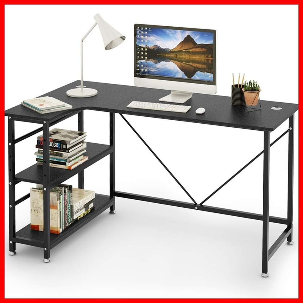 グラつき防止 省スペース 勉強机 木目柄 シンプル 机 事務 ワークデスク PC オフィスデスク 収納棚付き メラミン加工 L字デスク 木製 2段階収納ラック付き テレワーク用 パソコンデスク ブラック cm モニターアーム取付対応 幅140 c