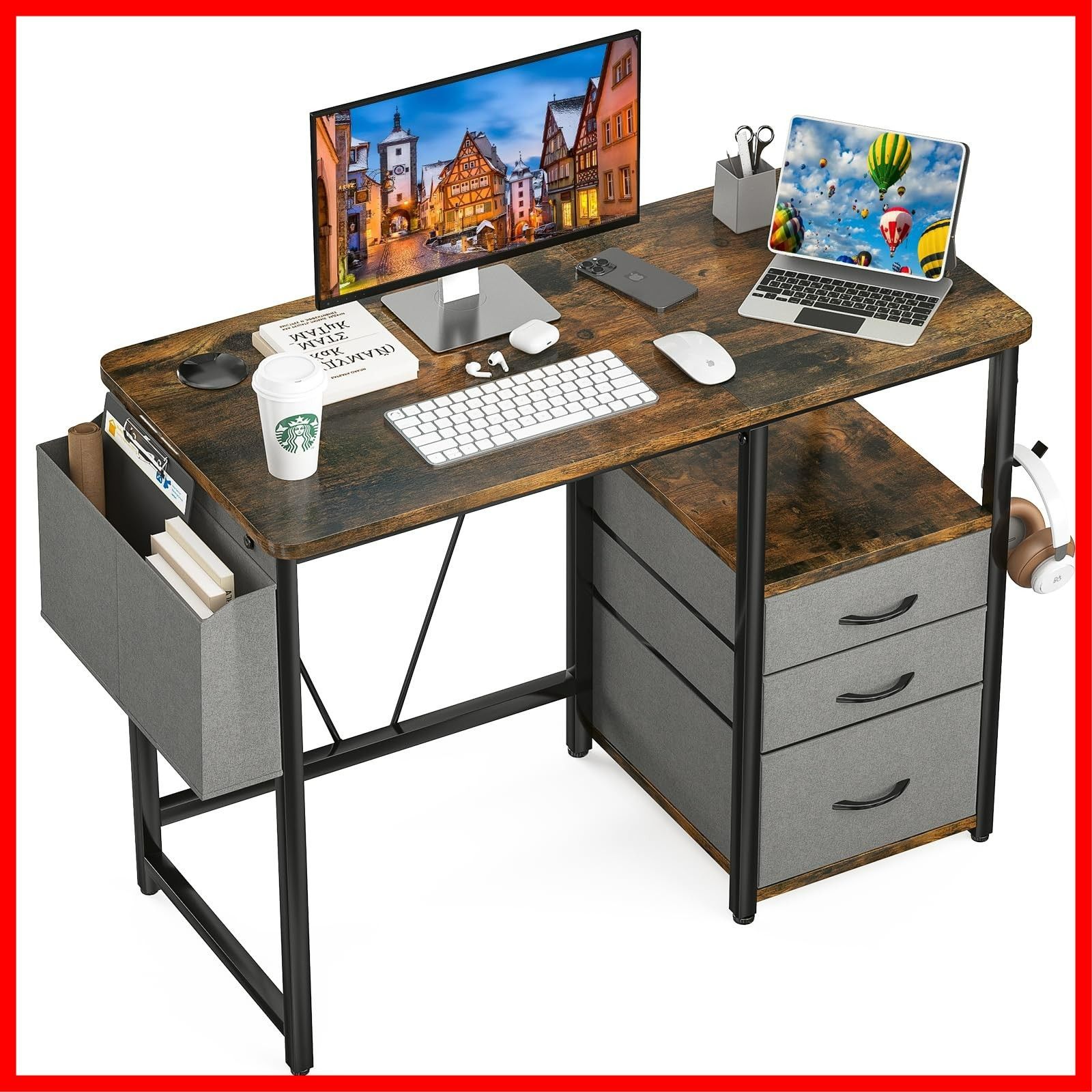 ラック付きpcデスク 幅100 cm 奥行48 机 引き出し付き パソコンデスク 勉強机 ドリンクホルダー デスク 在宅ワーク 作業机 Sunon テレワーク ブラウン