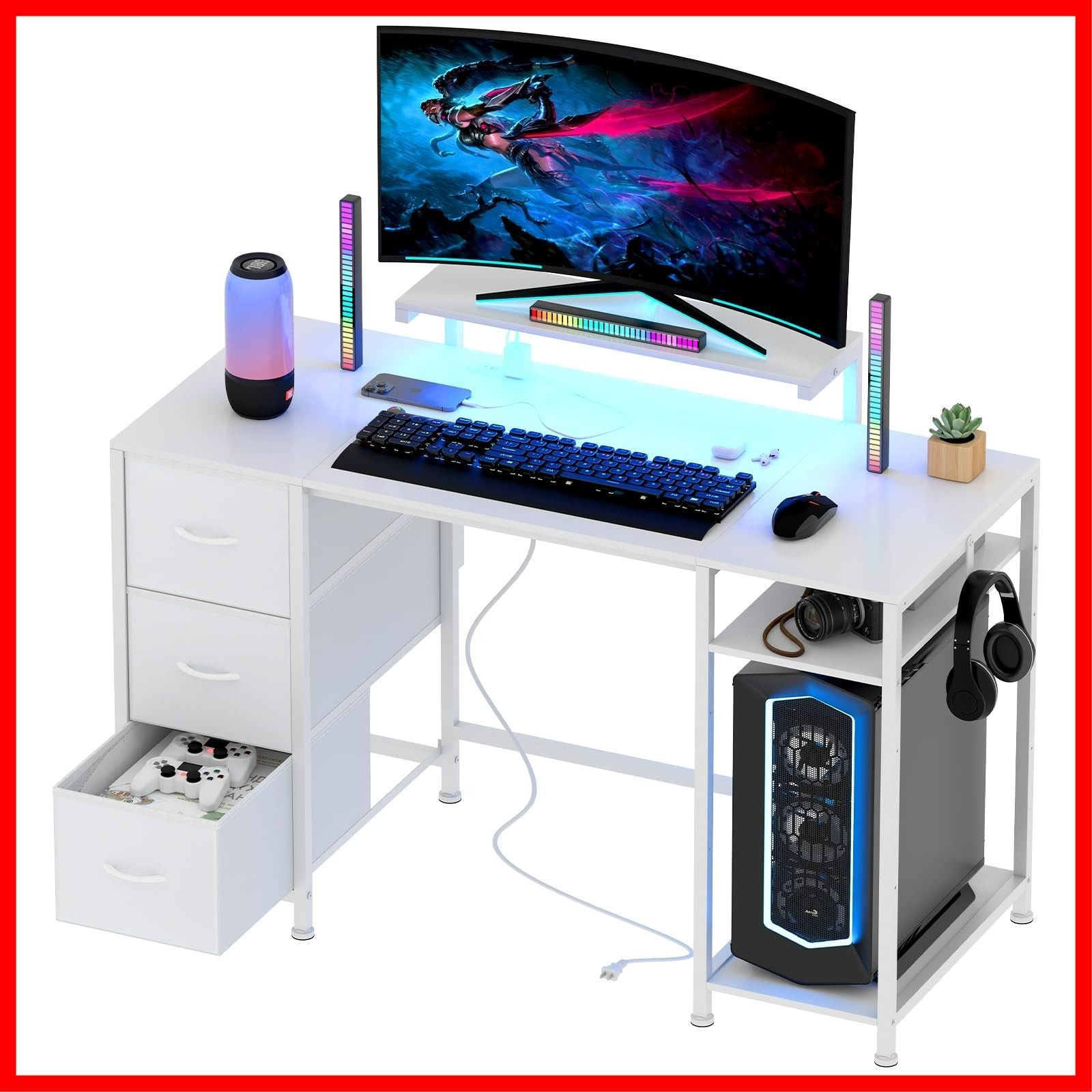 オフィス ワークデスク 左右入れ替え対応 pcデスク 棚高さ調節 机 computer 勉強机 引き出し3杯 desk コンセント付き テレワーク 5段調節モニター台 13～37 cm対応 収納たっぷり 幅120奥行き50高さ72 cm ゲーミングデスク 書