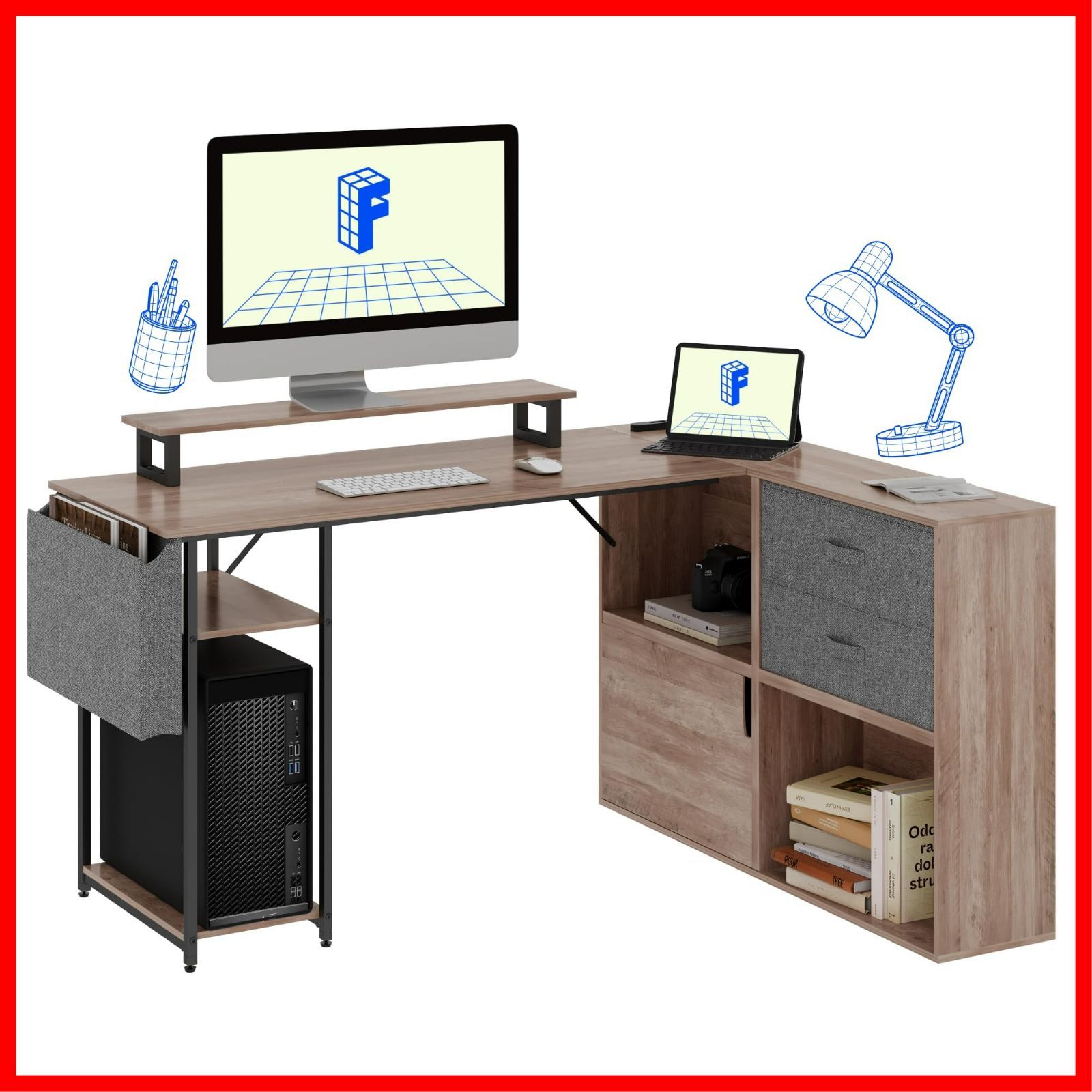 グレージュウッド 机 棚 テレワーク ゲーミングデスク 134*110*71 cm 書斎 在宅勤務 左右組立 アジャスター付き コンセント サイドポケット モーター台付 幅134ｘ奥行き105ｘ71 引き出し 収納付き デスク FD 19 ?デスク l字デ