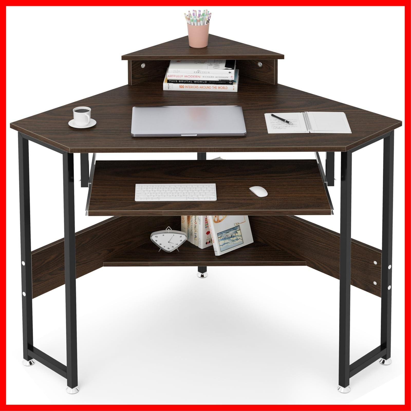 在宅勤務 学習机 三角形デスク 収納棚付き 学習デスク キーボードスライダー付き 机上台付き パソコンデスク 鏡台 化粧台 幅72*奥行72 cm PCデスク コーナーデスク 机 デスク DEWEL