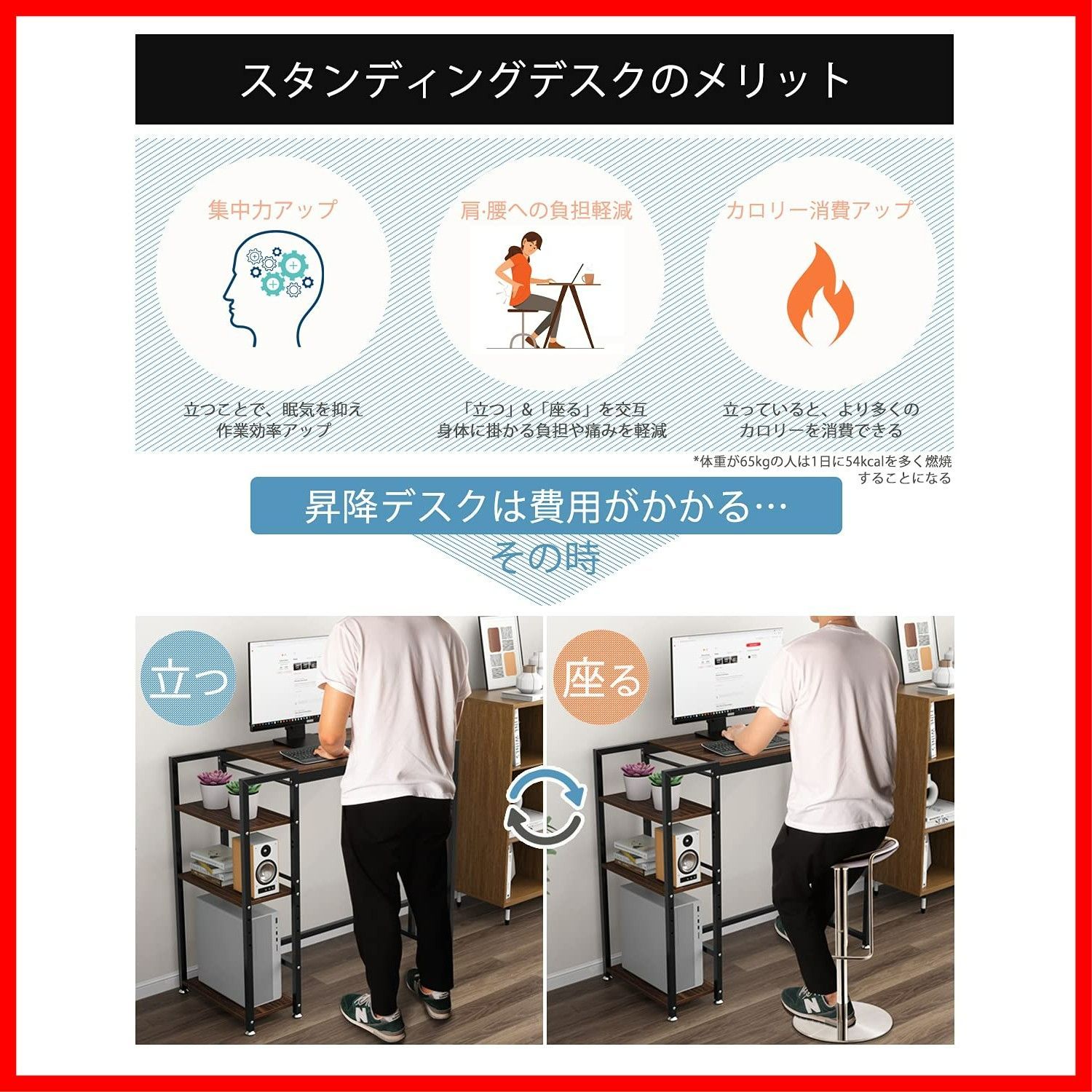  天板幅75 cm 天板高さ100|75 cm調節 テレワーク 可動棚付き 左右入替可 ハイデスク フットレスト付き メラミン加工 スタンディングデスク アジャスター付き グラつき防止 総耐荷重60 kg ワークデスク DEWEL ミーティングデスク 木製 100 その他 文房具 事務用品