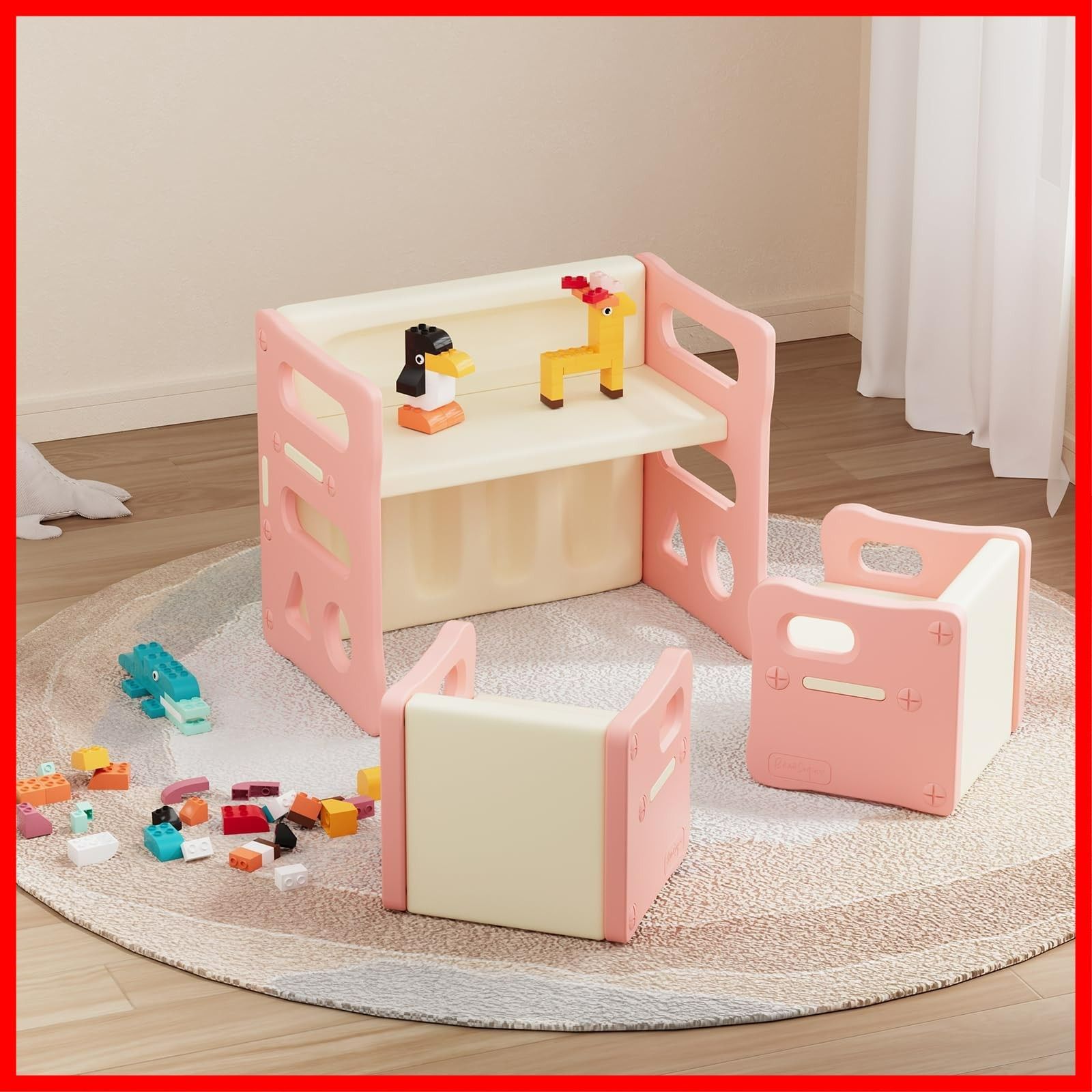  BanaSuper 子供用テーブルと椅子3点セット お絵描きデスク アクティビティチェア 多機能プラスチック家具 軽量収納 組立簡単 リビング学習|絵かき|ダイニング|プレイセット ホワイトとピンク その他 文房具 事務用品