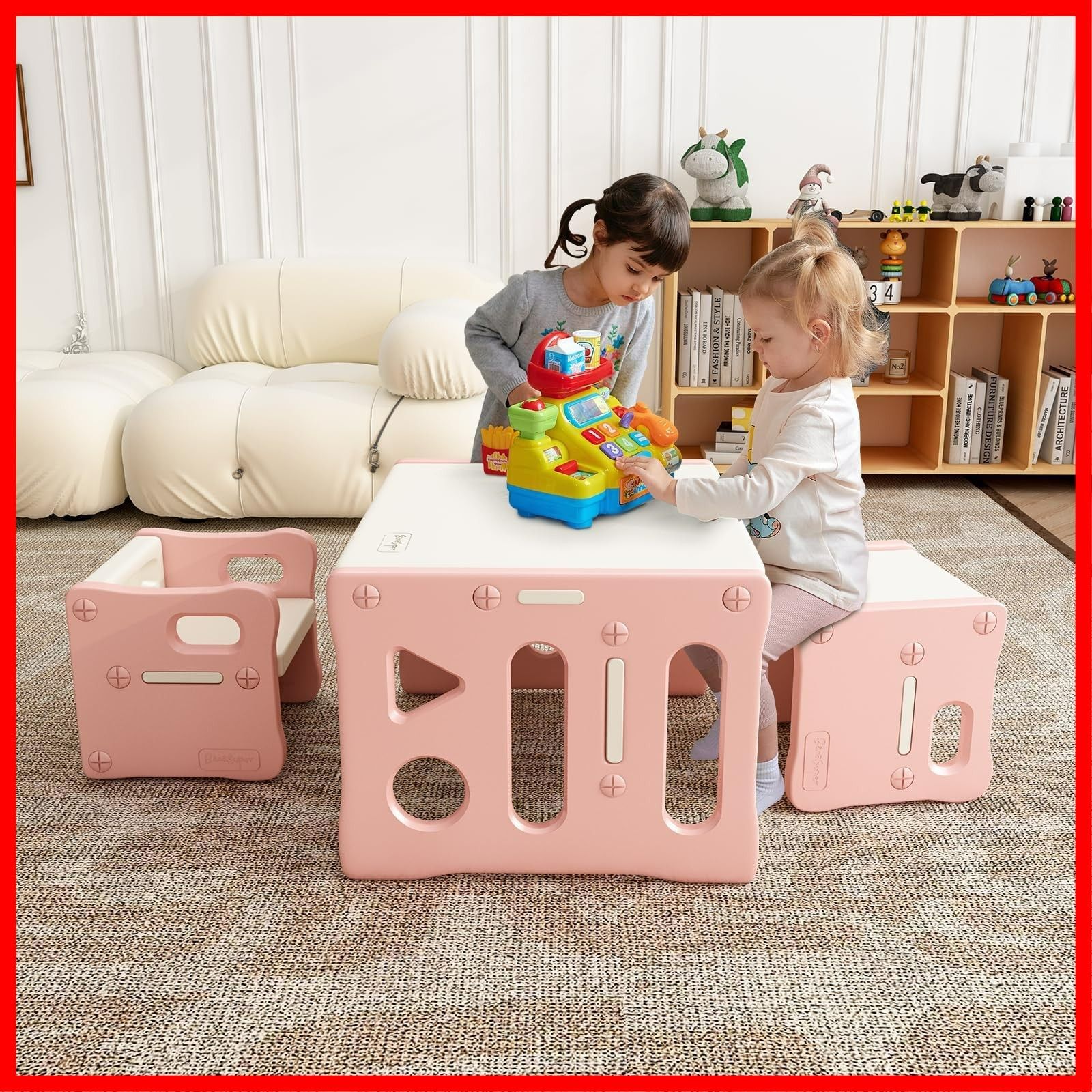 BanaSuper 子供用テーブルと椅子3点セット お絵描きデスク アクティビティチェア 多機能プラスチック家具 軽量収納 組立簡単 リビング学習|絵かき|ダイニング|プレイセット ホワイトとピンク